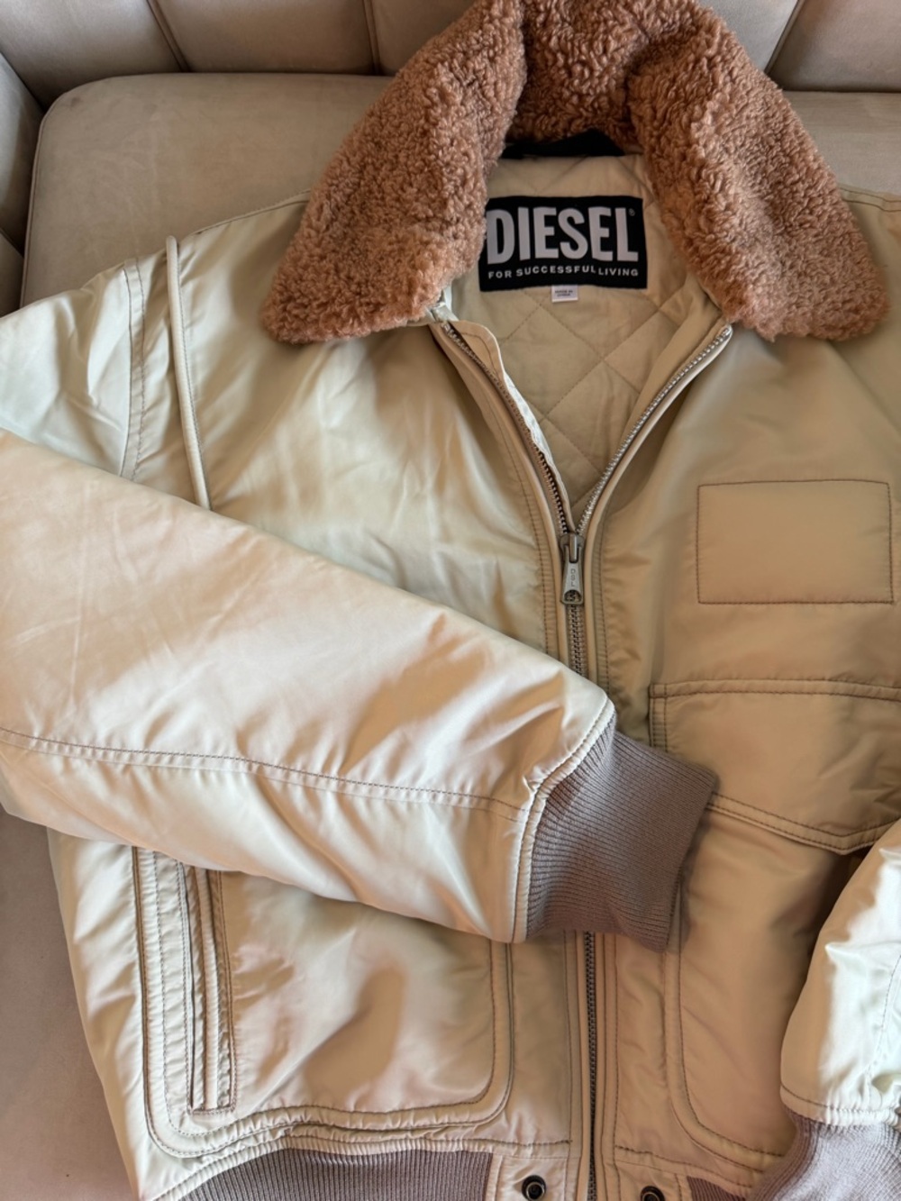 Diesel Cream Quilted Jacket with Brown Sherpa Collar